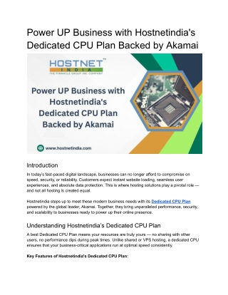 Power Your Business with Hostnetindia's Dedicated CPU Plan Backed by Akamai