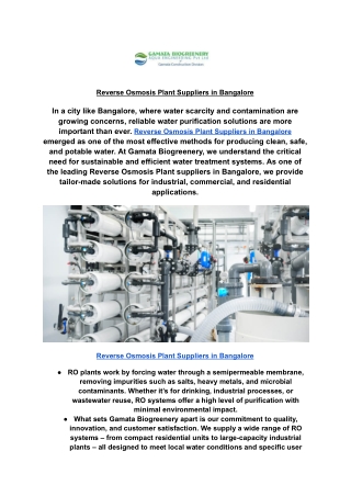 Reverse Osmosis Plant Suppliers in Bangalore