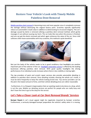 Restore Your Vehicle’s Look with Timely Mobile Paintless Dent Removal