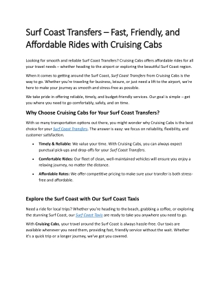Surf Coast Transfers – Fast, Friendly, and Affordable Rides with Cruising Cabs