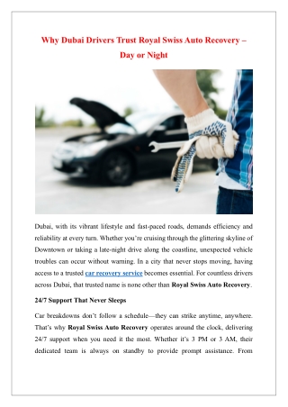 Why Dubai Drivers Trust Royal Swiss Auto Recovery – Day or Night