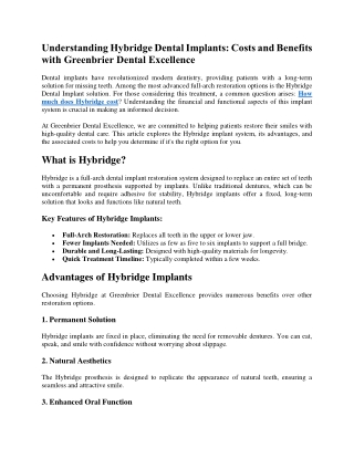 Understanding Hybridge Dental Implants Costs and Benefits with Greenbrier Dental Excellence
