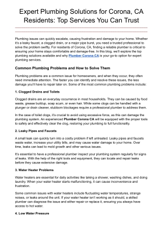 Expert Plumbing Solutions for Corona, CA - Trusted Plumber Corona CA