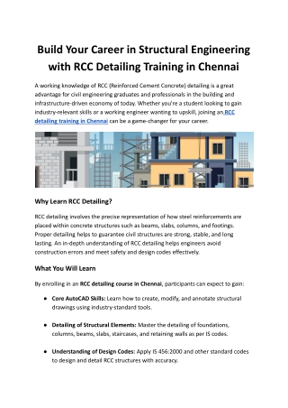 Advance Your Civil Design Skills with RCC Detailing Course in Chennai