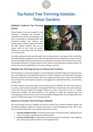 Top-Rated Tree Trimming Adelaide - Treloar Gardens