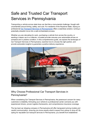 Safe and Trusted Car Transport Services in Pennsylvania