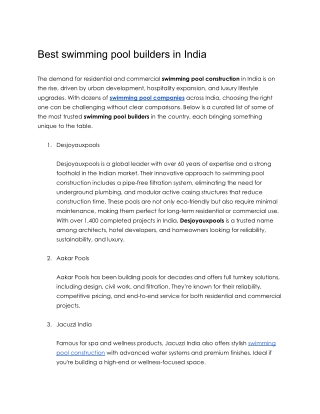 Best swimming pool builders in India