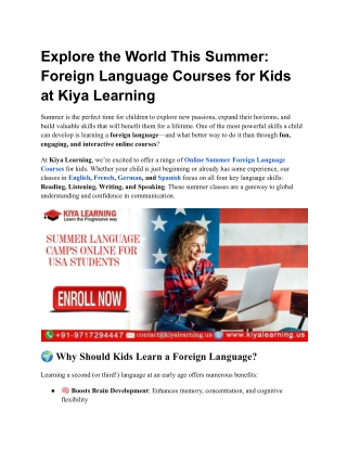 Explore the World This Summer Foreign Language Courses for Kids at Kiya Learning