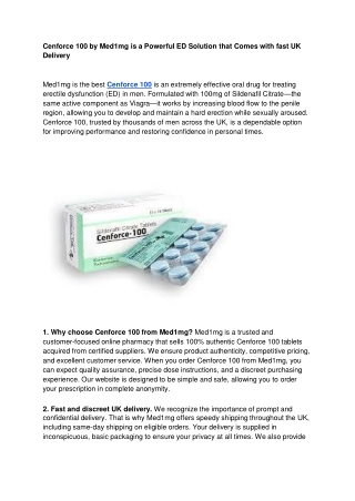 Cenforce 100 by Med1mg is a Powerful ED Solution that Comes with fast UK Delivery