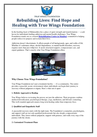 Top-Rated Rehabilitation Centre in Mumbai – True Wings Foundation
