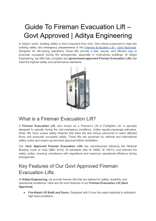 Guide To Fireman Evacuation Lift – Govt Approved | Aditya Engineering