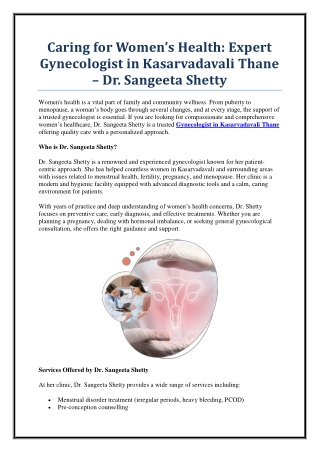 Trusted Gynecologist in Kasarvadavali Thane – Dr. Sangeeta Shetty