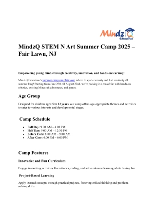 MindzQ Creative Summer Camp Adventure – Near Fair Lawn