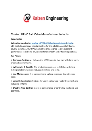 Trusted UPVC Ball Valve Manufacturer in India- Kaizen Engineering