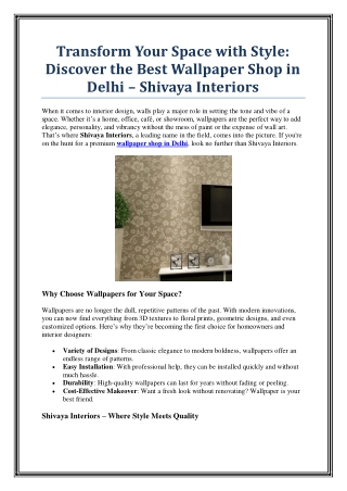 Transform Your Walls with the Best Wallpaper Shop in Delhi – Shivaya Interiors