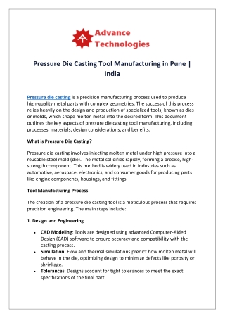 pressure die casting tool manufacturing in pune