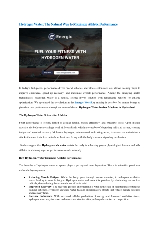 Hydrogen Water - The Natural Way to Maximize Athletic Performance - Hydrogen plus Alkaline water ionizer machine in Hyde