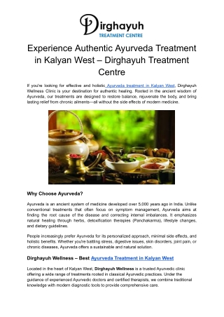 Experience The Authentic Ayurveda Treatment in Kalyan West