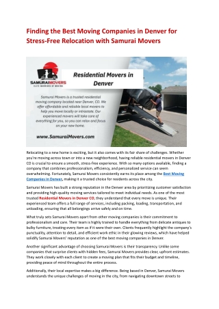Finding the Best Moving Companies in Denver for Stress-Free Relocation with Samurai Movers