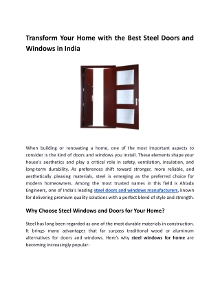 Transform Your Home with the Best Steel Doors and Windows in India