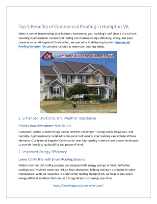 Top 5 Benefits of Commercial Roofing in Hampton VA