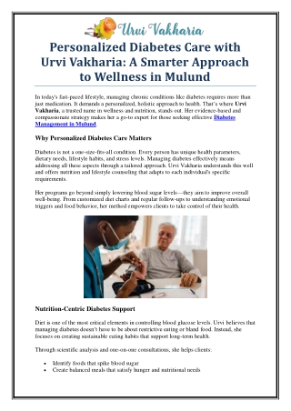 Personalized Diabetes Management in Mulund – Urvi Vakharia’s Expert Guidance
