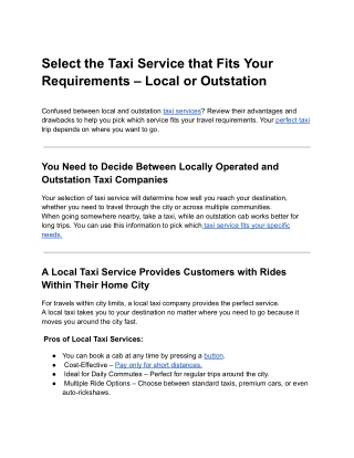 Select the Taxi Service that Fits Your Requirements – Local or Outstation