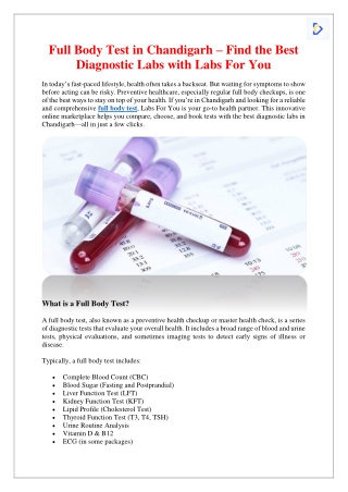 Full Body Test in Chandigarh – Find the Best Diagnostic Labs with Labs For You