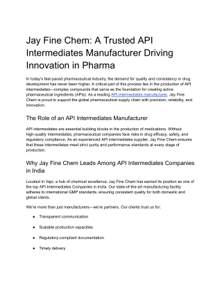 Jay Fine Chem: A Trusted API Intermediates Manufacturer Driving Innovation in Ph
