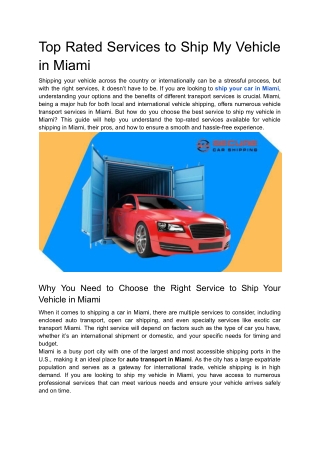 Top Rated Services to Ship My Vehicle in Miami
