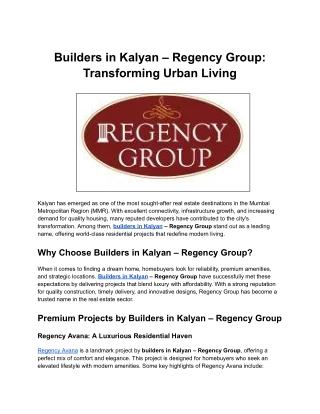 Builders in Kalyan – Regency Group_ Transforming Urban Living
