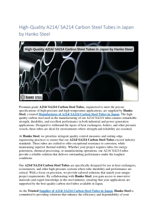 High-Quality A214/ SA214 Carbon Steel Tubes in Japan by Hanko Steel