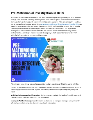 Pre-Matrimonial Investigation in Delhi