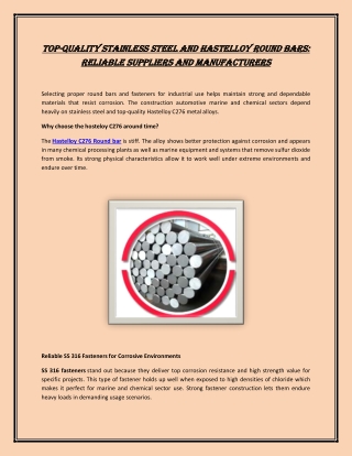 Top-Quality Stainless Steel and Hastelloy Round Bars: Reliable Suppliers and Man