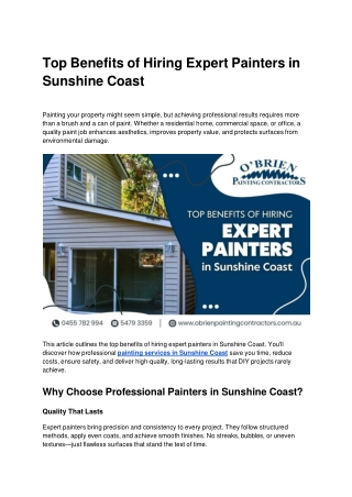 Top Benefits of Hiring Expert Painters in Sunshine Coast