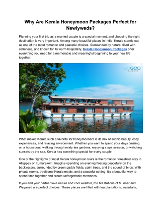 Why Are Kerala Honeymoon Packages Perfect for Newlyweds