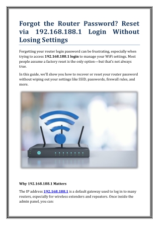 Forgot the Router Password? Reset via 192.168.188.1 Login Without Losing Setting