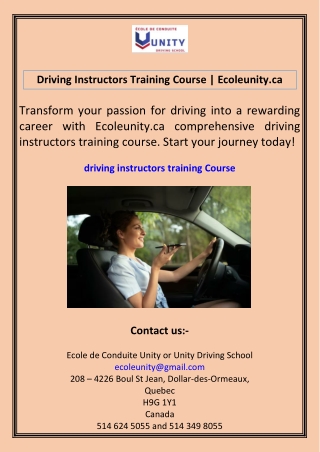 driving instructors training course ecoleunity ca