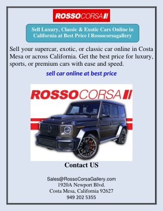 Sell Luxury, Classic & Exotic Cars Online in California at Best Price l Rossocor