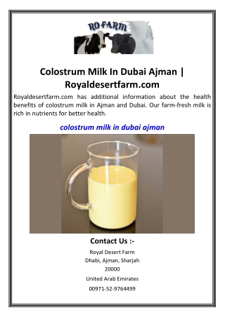 Colostrum Milk In Dubai Ajman  Royaldesertfarm.com
