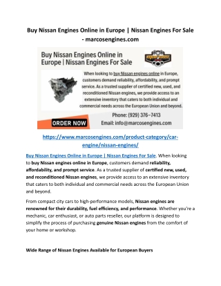 Buy Nissan Engines Online in Europe Nissan Engines For Sale - marcosengines
