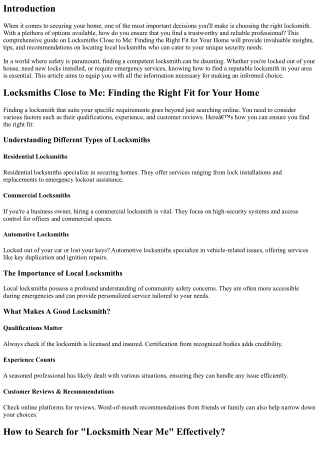 Locksmiths Close to Me: Finding the Right Fit for Your Home