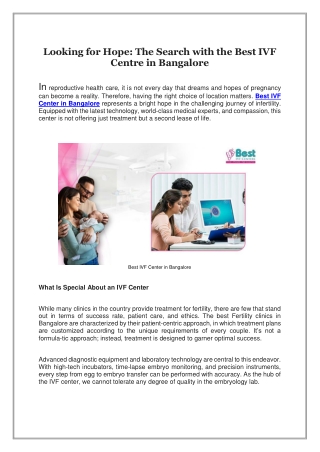 Looking for Hope, Finding the Best IVF Center in Bangalore