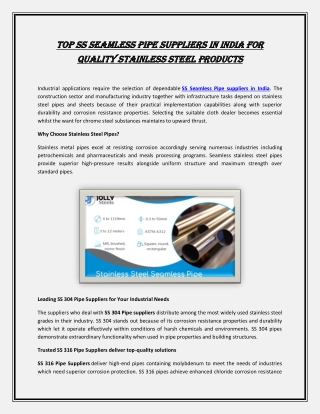 Top SS Seamless Pipe Suppliers in India for Quality Stainless Steel Products