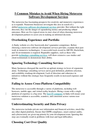 5 Common Mistakes to Avoid When Hiring Metaverse Software Development Services