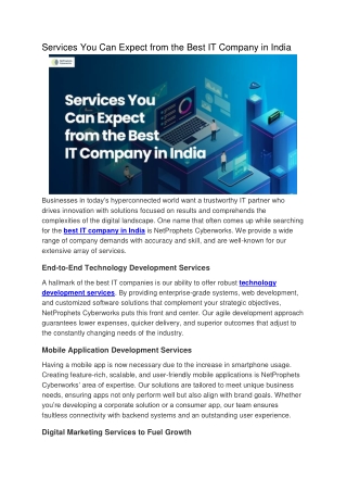 Services You Can Expect from the Best IT Company in India