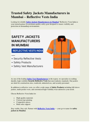 Trusted Safety Jackets Manufacturers in Mumbai – Reflective Vests India