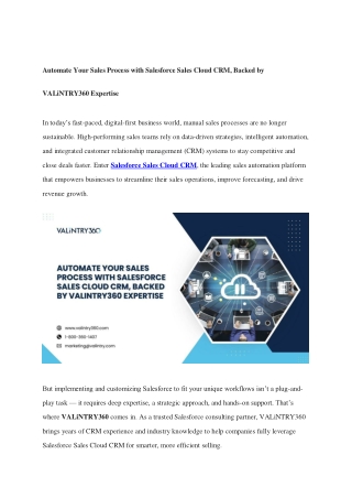 Automate Your Sales Process with Salesforce Sales Cloud CRM, Backed by VALiNTRY360 Expertise