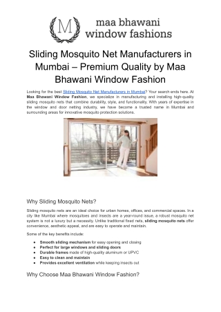 Sliding Mosquito Net Manufacturers in Mumbai –  Maa Bhawani Window Fashion