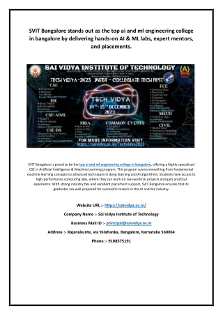 SVIT Bangalore stands out as the top ai and ml engineering college in bangalore by delivering hands on AI & ML labs, exp